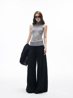 iamxiaa Black Gray Colorblock Deep V Women's Knit Stand Collar Vest Top & Skirt Sets