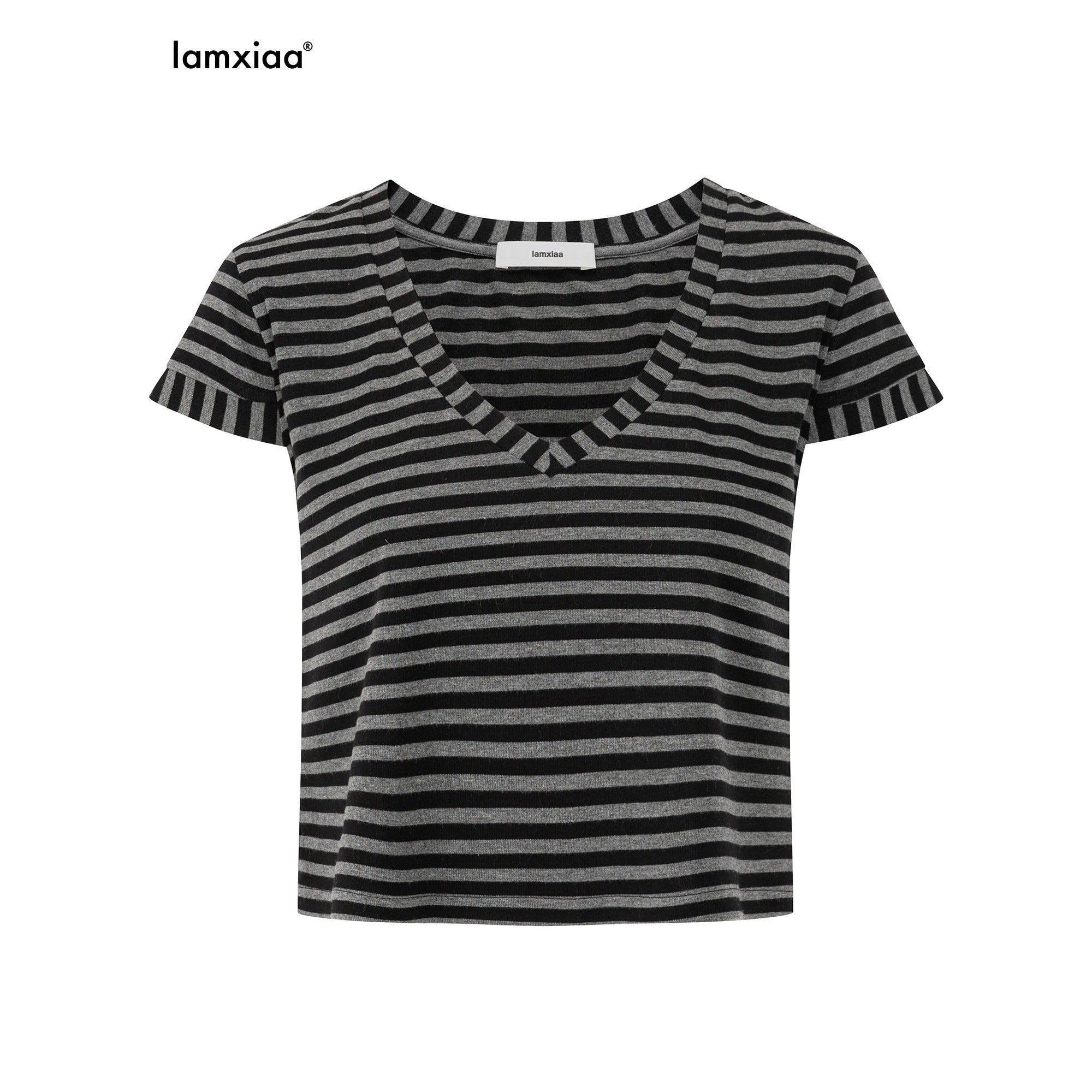 iamxiaa Black Gray Striped Sweetheart Neck Flutter Sleeves Women's Lyocell Crop Tops 1039214296534