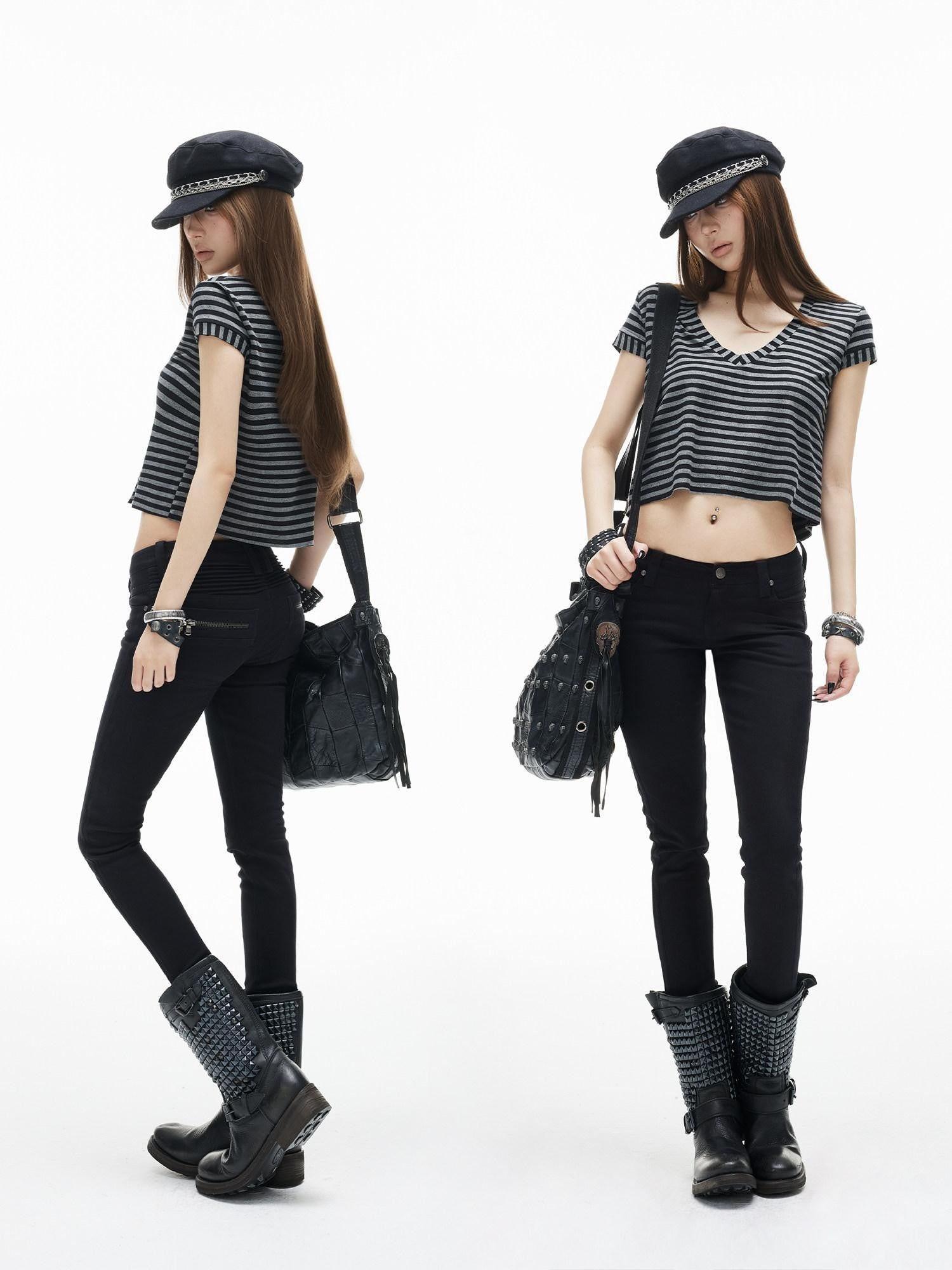 iamxiaa Black Gray Striped Sweetheart Neck Flutter Sleeves Women's Lyocell Crop Tops
