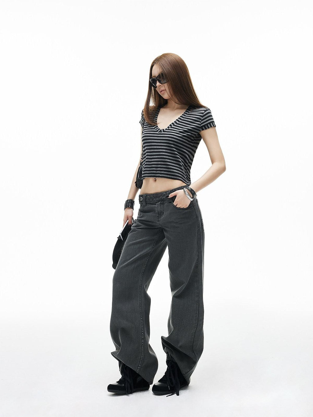 iamxiaa Black Gray Striped Sweetheart Neck Flutter Sleeves Women's Lyocell Crop Tops