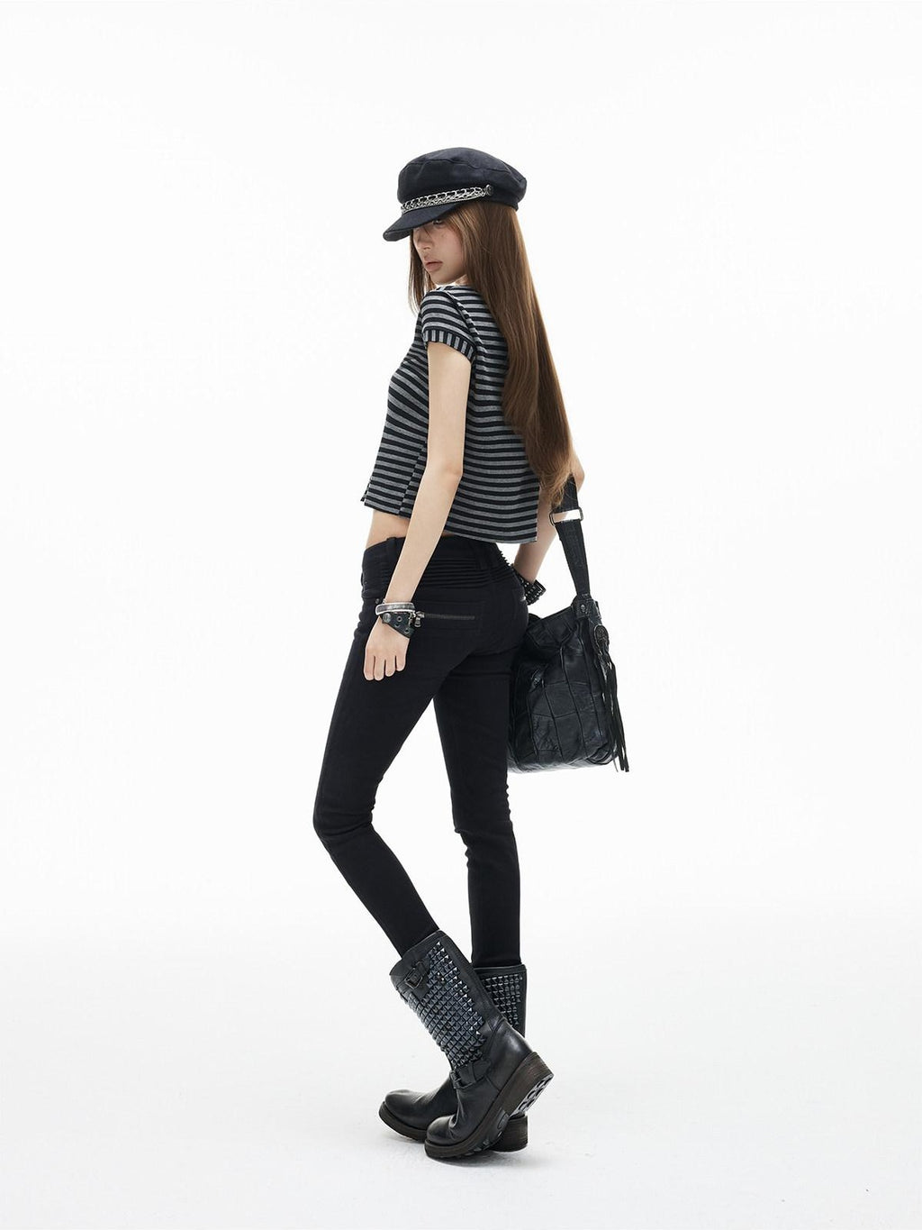 iamxiaa Black Gray Striped Sweetheart Neck Flutter Sleeves Women's Lyocell Crop Tops