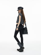 iamxiaa Black Gray Striped Sweetheart Neck Flutter Sleeves Women's Lyocell Crop Tops