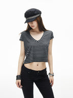 iamxiaa Black Gray Striped Sweetheart Neck Flutter Sleeves Women's Lyocell Crop Tops