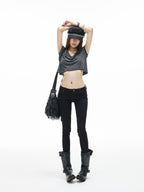 iamxiaa Black Gray Striped Sweetheart Neck Flutter Sleeves Women's Lyocell Crop Tops