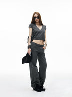 iamxiaa Black Gray Striped Sweetheart Neck Flutter Sleeves Women's Lyocell Crop Tops