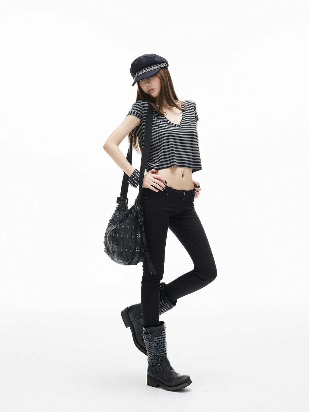 iamxiaa Black Gray Striped Sweetheart Neck Flutter Sleeves Women's Lyocell Crop Tops