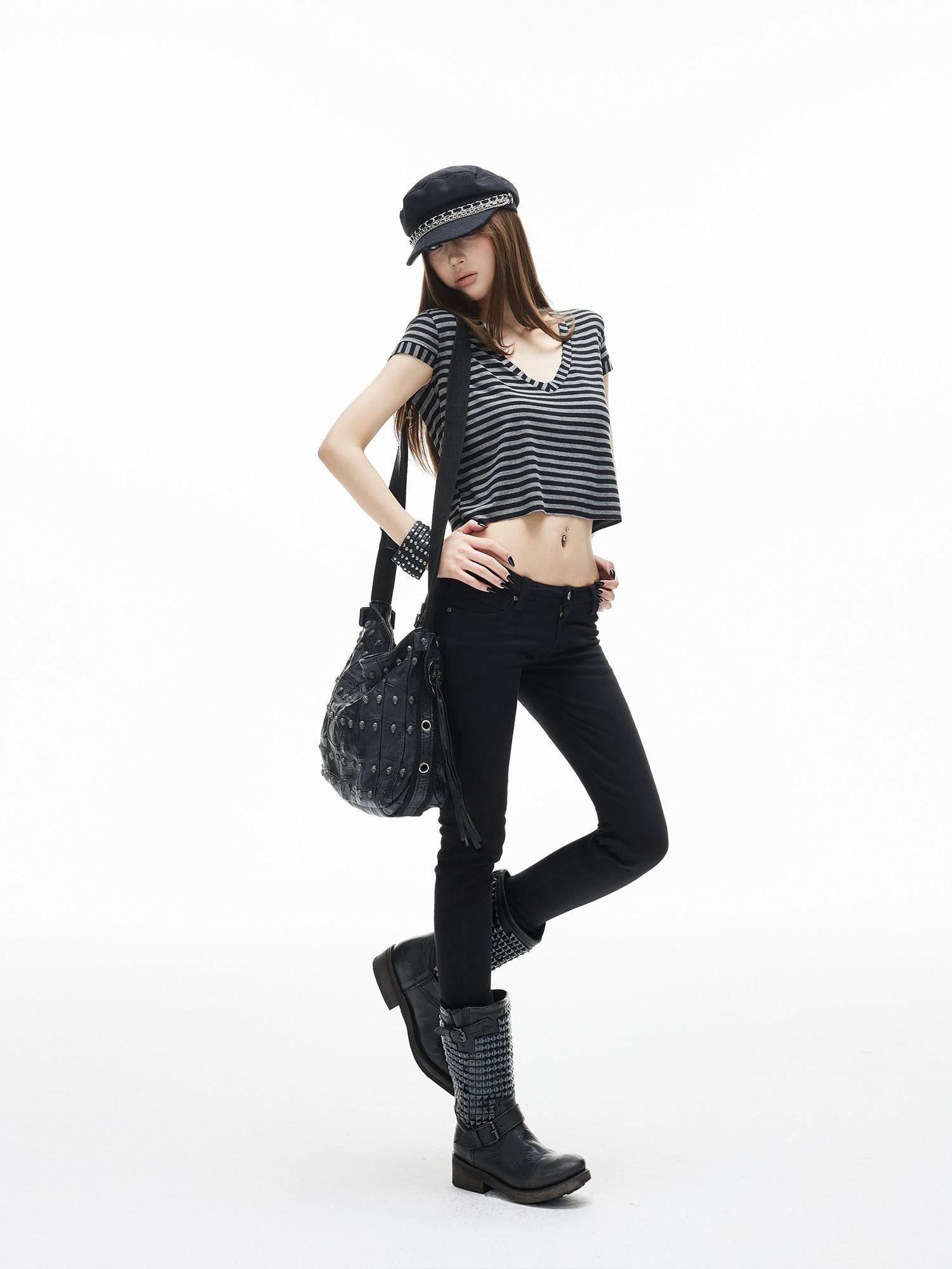 iamxiaa Black Gray Striped Sweetheart Neck Flutter Sleeves Women's Lyocell Crop Tops