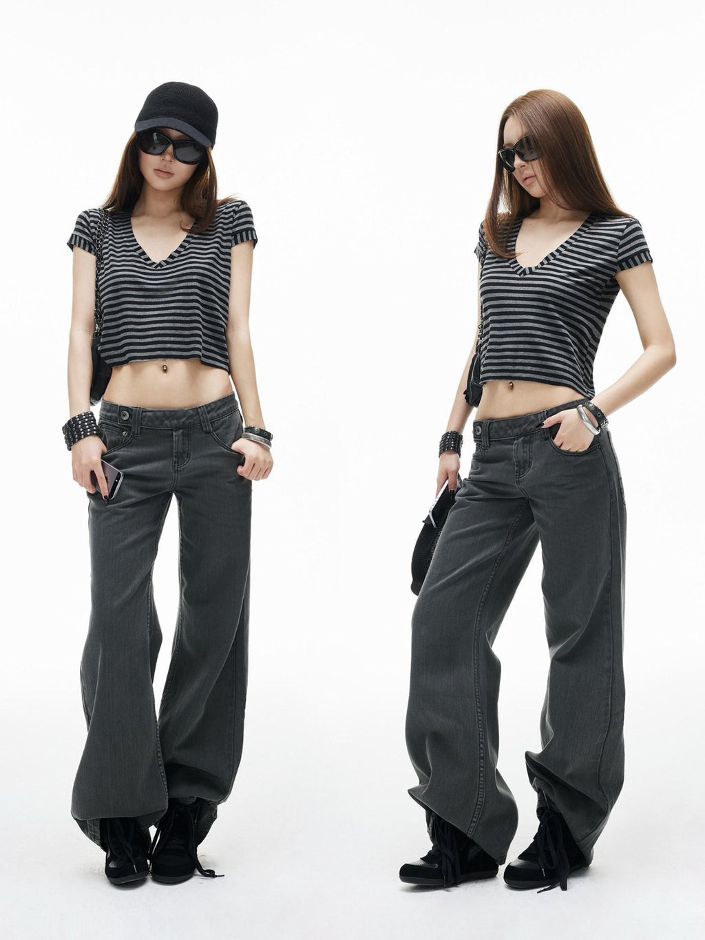 iamxiaa Black Gray Striped Sweetheart Neck Flutter Sleeves Women's Lyocell Crop Tops