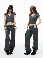 iamxiaa Black Gray Striped Sweetheart Neck Flutter Sleeves Women's Lyocell Crop Tops