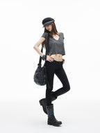 iamxiaa Black Gray Striped Sweetheart Neck Flutter Sleeves Women's Lyocell Crop Tops