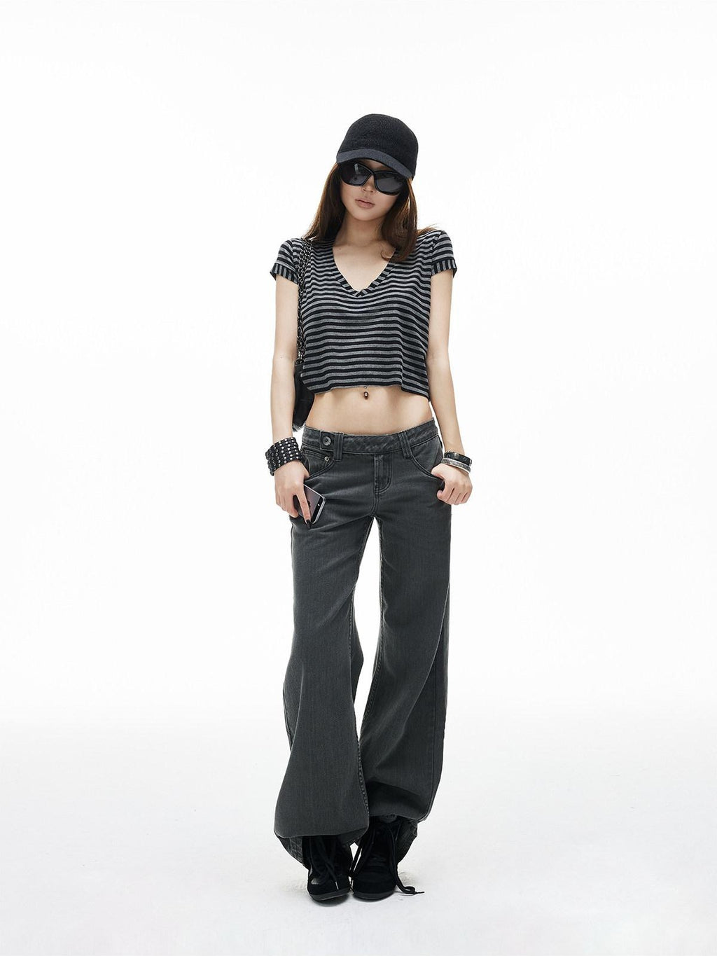 iamxiaa Black Gray Striped Sweetheart Neck Flutter Sleeves Women's Lyocell Crop Tops