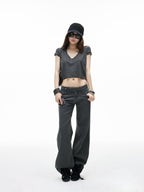 iamxiaa Black Gray Striped Sweetheart Neck Flutter Sleeves Women's Lyocell Crop Tops