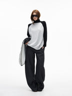 iamxiaa Black Gray Two Tone Structured Pocket Flap Curved Seam Minimalist Women's Chinos