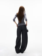 iamxiaa Black Gray Two Tone Structured Pocket Flap Curved Seam Minimalist Women's Chinos