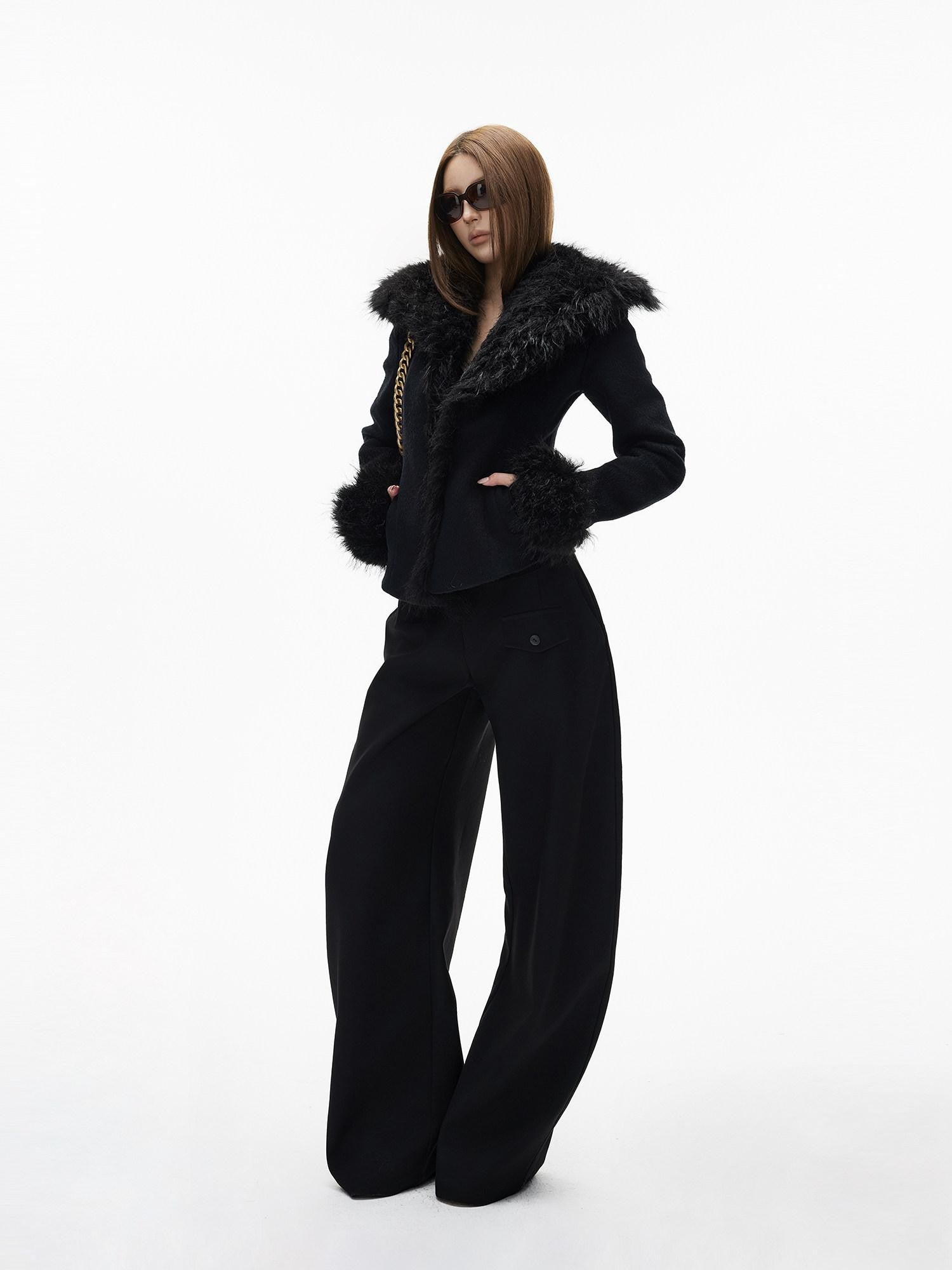 iamxiaa Black Gray Two Tone Structured Pocket Flap Curved Seam Minimalist Women's Chinos