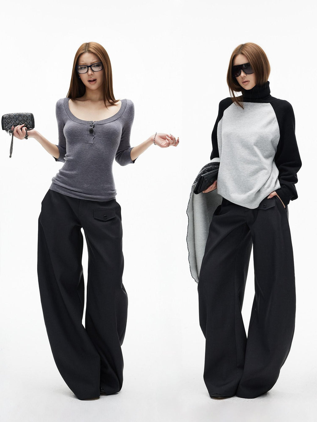 iamxiaa Black Gray Two Tone Structured Pocket Flap Curved Seam Minimalist Women's Chinos