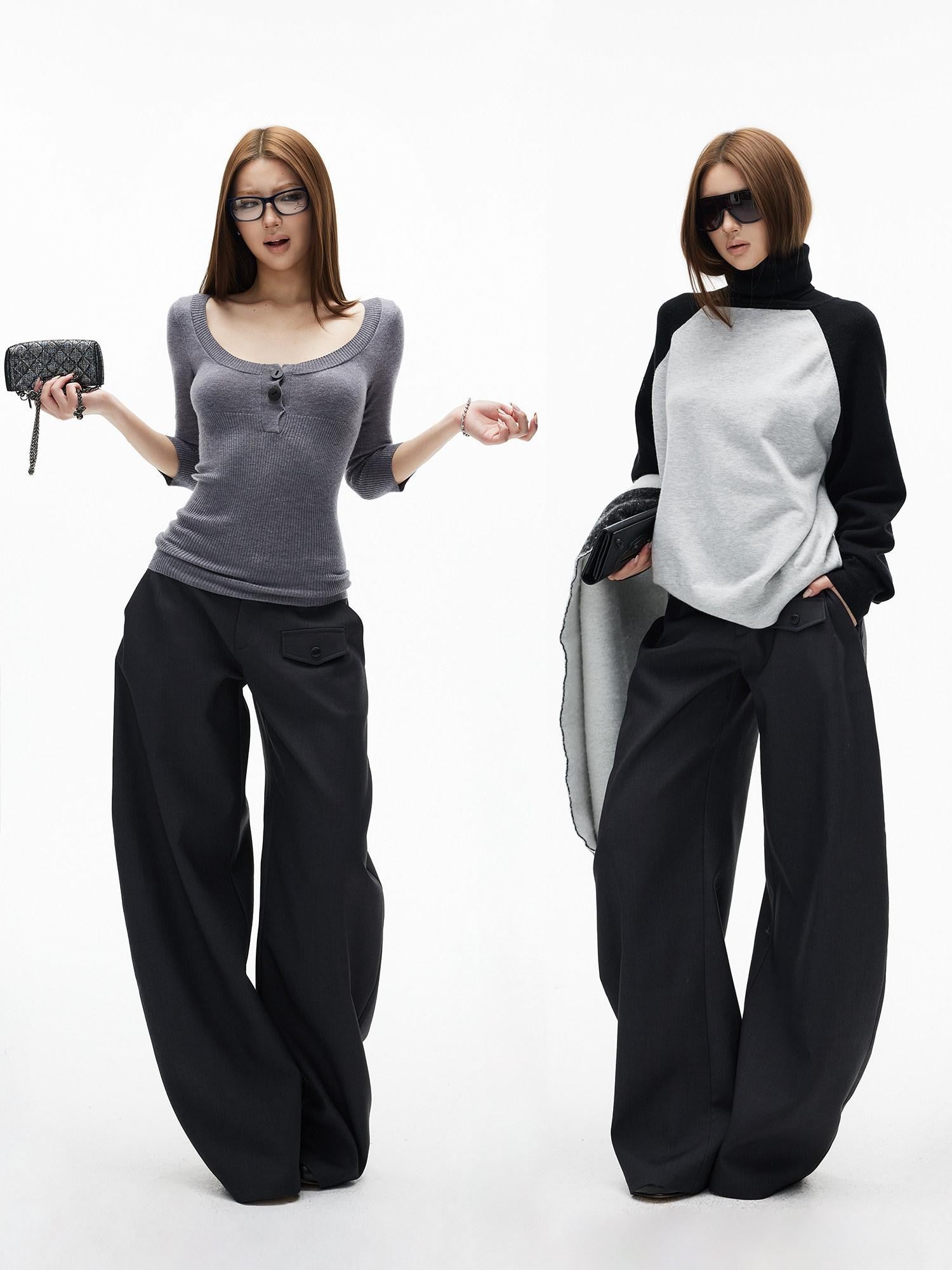 iamxiaa Black Gray Two Tone Structured Pocket Flap Curved Seam Minimalist Women's Chinos