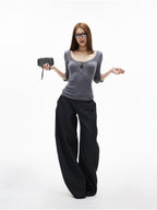 iamxiaa Black Gray Two Tone Structured Pocket Flap Curved Seam Minimalist Women's Chinos