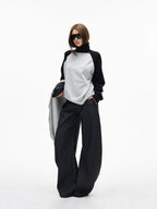 iamxiaa Black Gray Two Tone Structured Pocket Flap Curved Seam Minimalist Women's Chinos