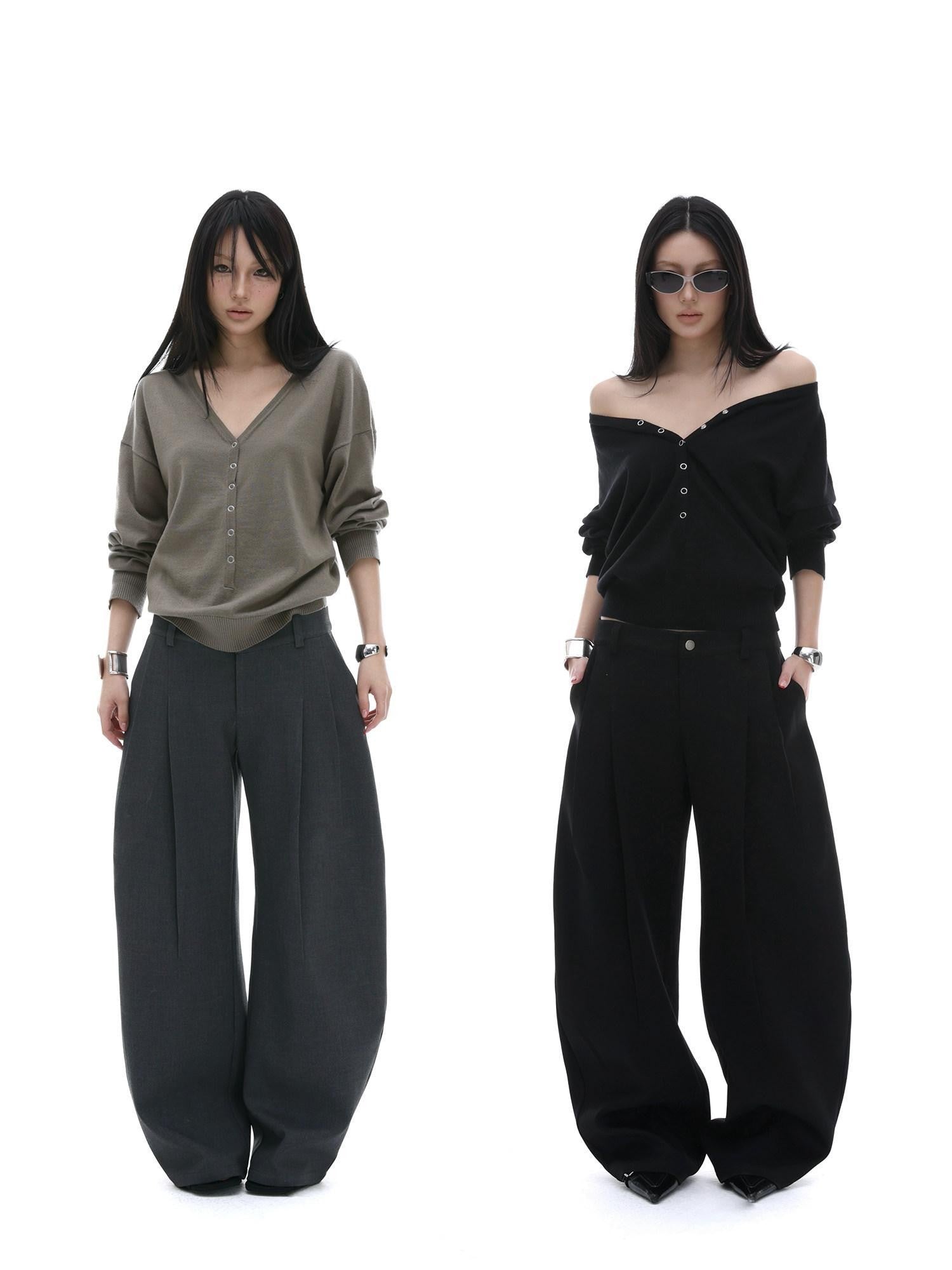 iamxiaa Black Sculptural Tailored Pressed Pleats Women's Wool Blend Wide-leg Pants