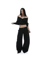 iamxiaa Black Sculptural Tailored Pressed Pleats Women's Wool Blend Wide-leg Pants