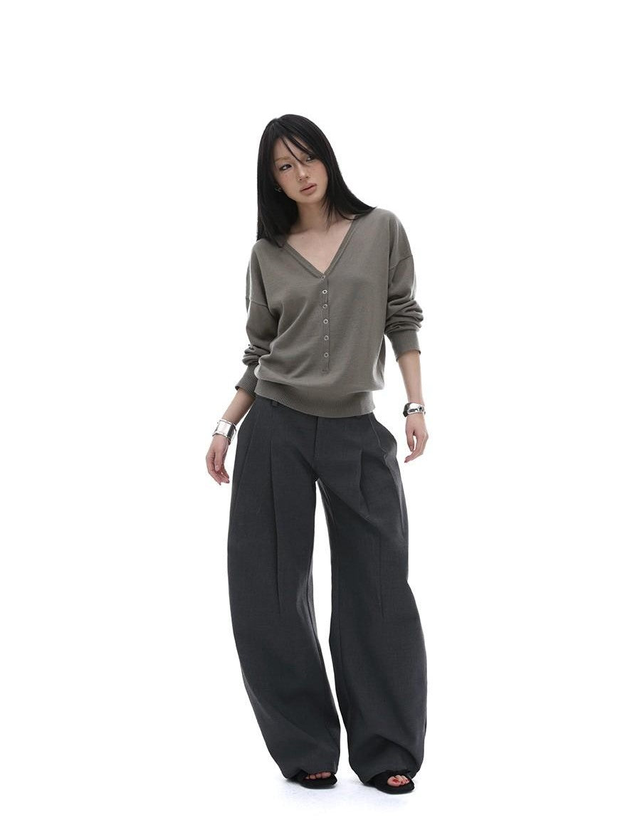 iamxiaa Black Sculptural Tailored Pressed Pleats Women's Wool Blend Wide-leg Pants