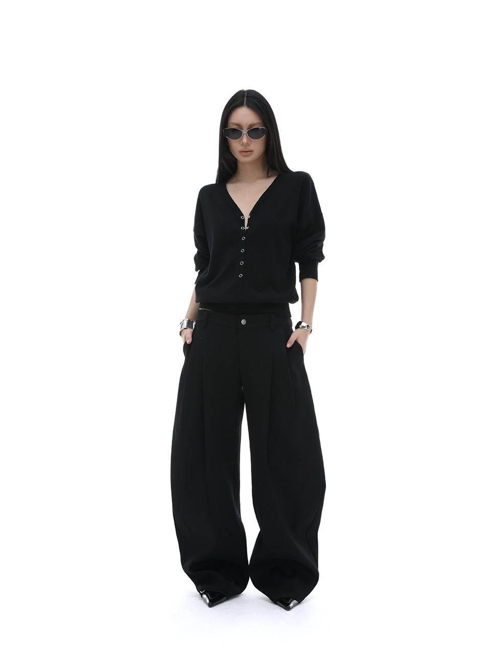 iamxiaa Black Sculptural Tailored Pressed Pleats Women's Wool Blend Wide-leg Pants
