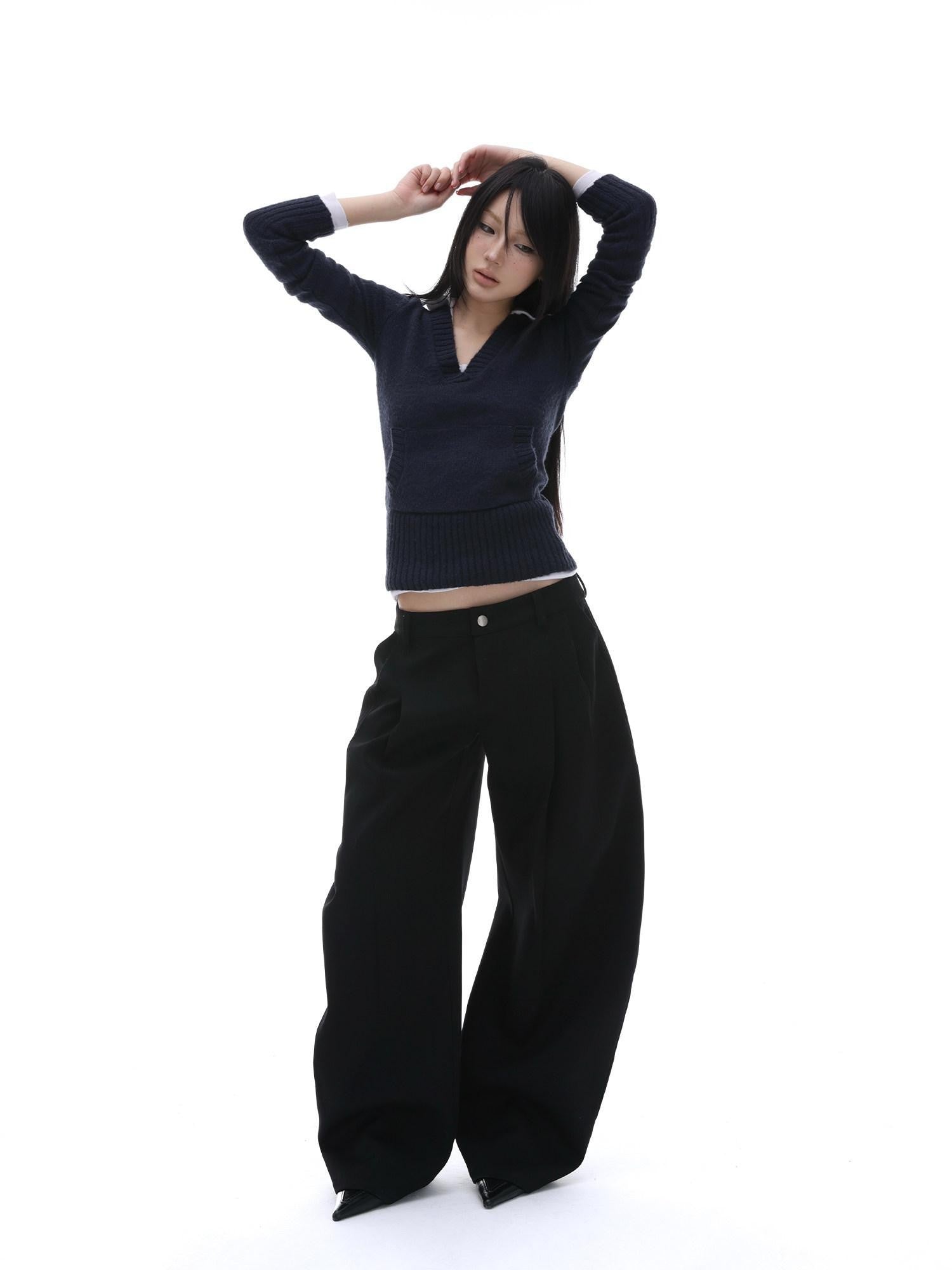 iamxiaa Black Sculptural Tailored Pressed Pleats Women's Wool Blend Wide-leg Pants