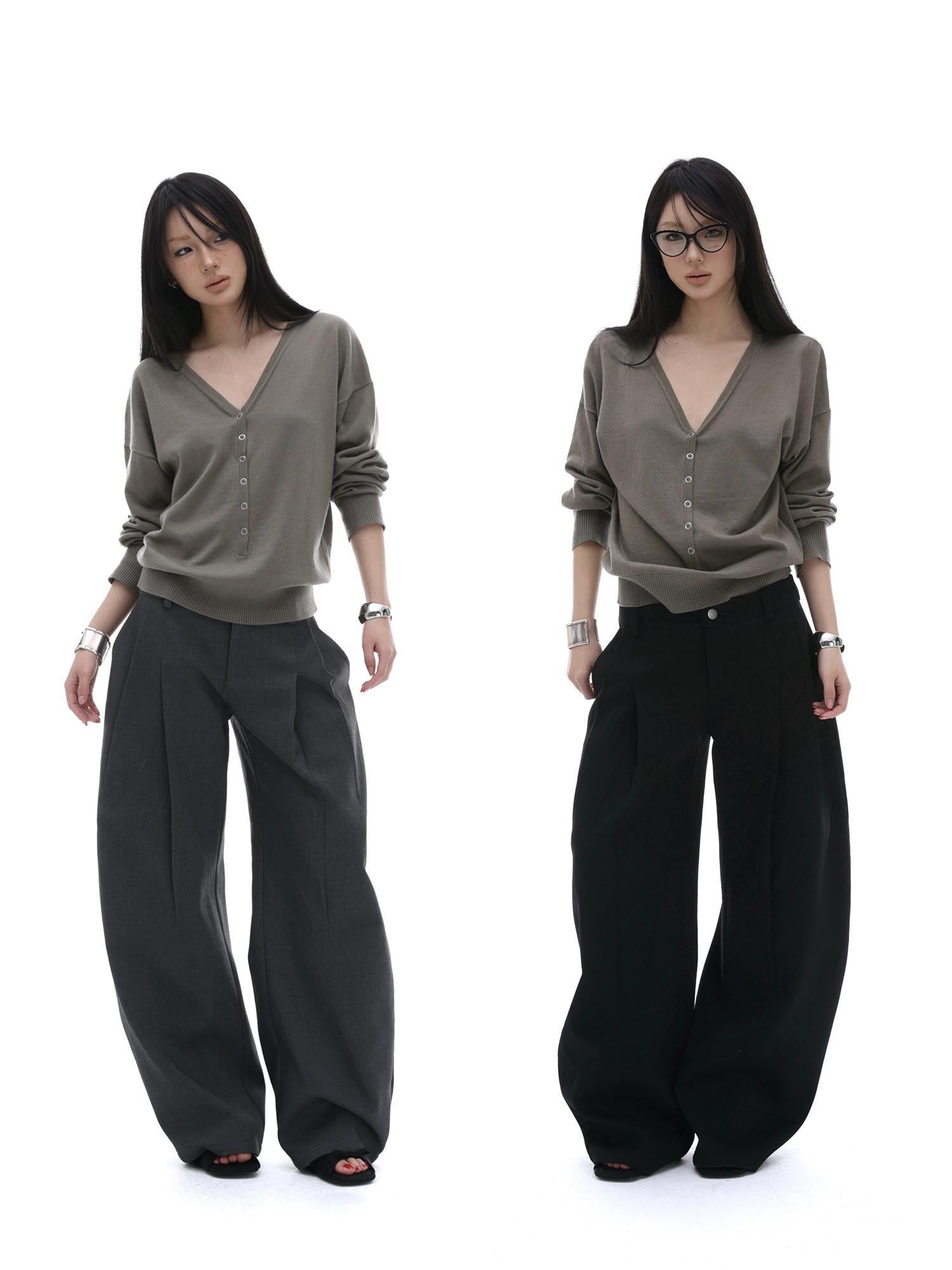 iamxiaa Black Sculptural Tailored Pressed Pleats Women's Wool Blend Wide-leg Pants