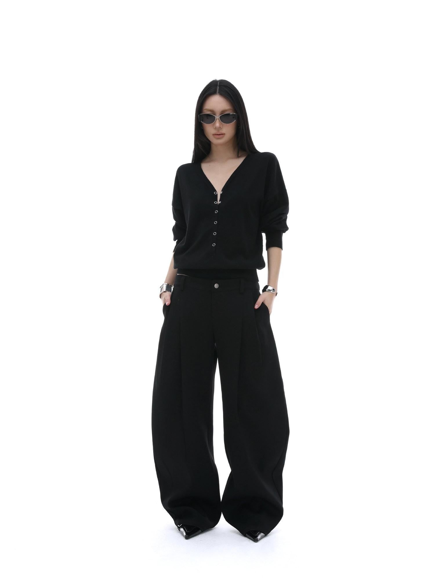 iamxiaa Black Sculptural Tailored Pressed Pleats Women's Wool Blend Wide-leg Pants
