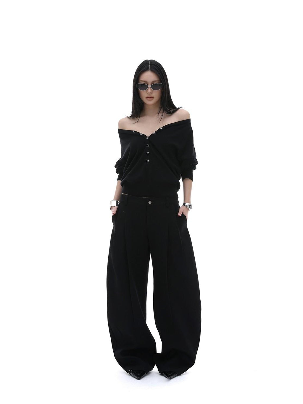 iamxiaa Black Sculptural Tailored Pressed Pleats Women's Wool Blend Wide-leg Pants