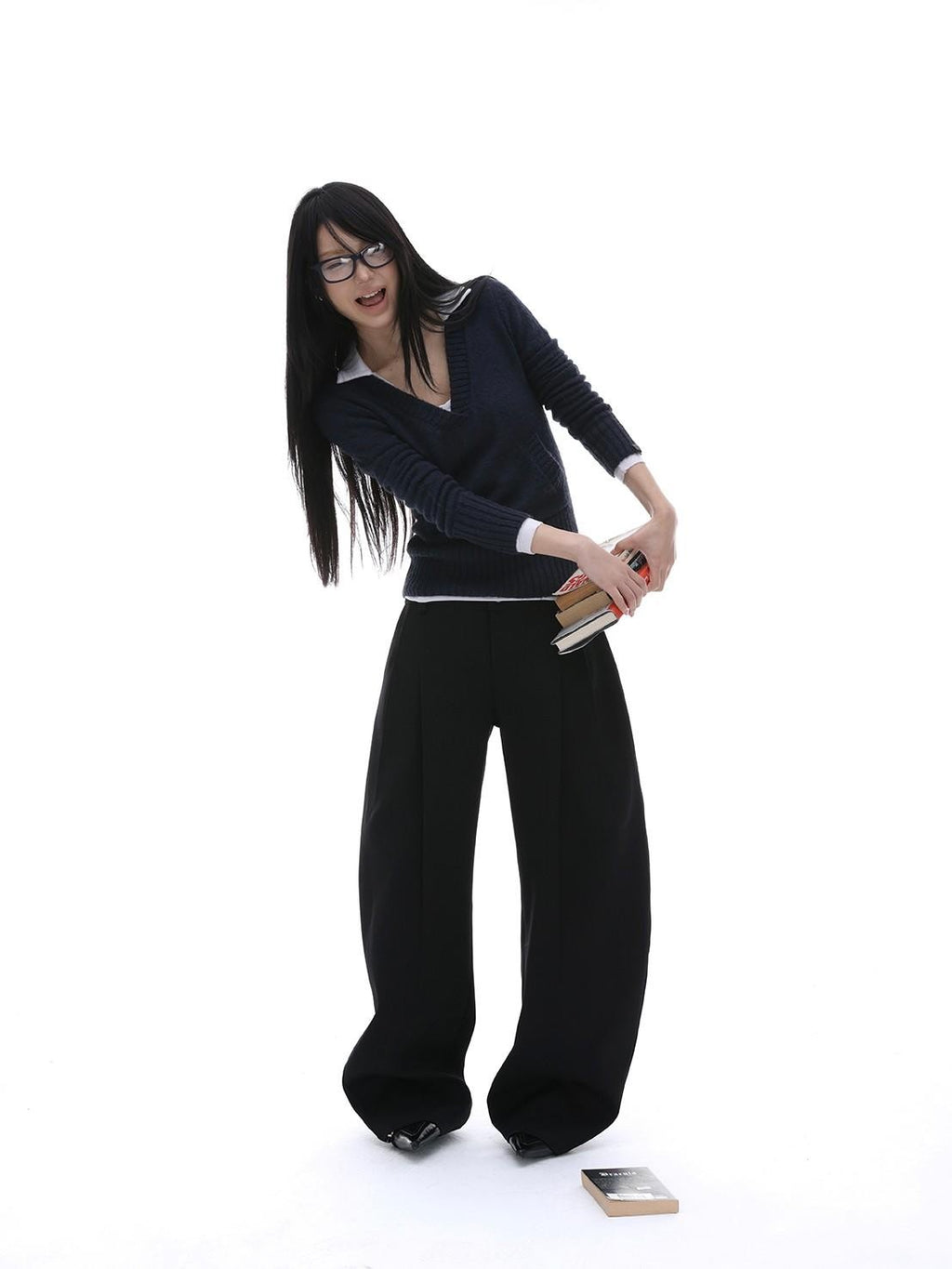 iamxiaa Black Sculptural Tailored Pressed Pleats Women's Wool Blend Wide-leg Pants