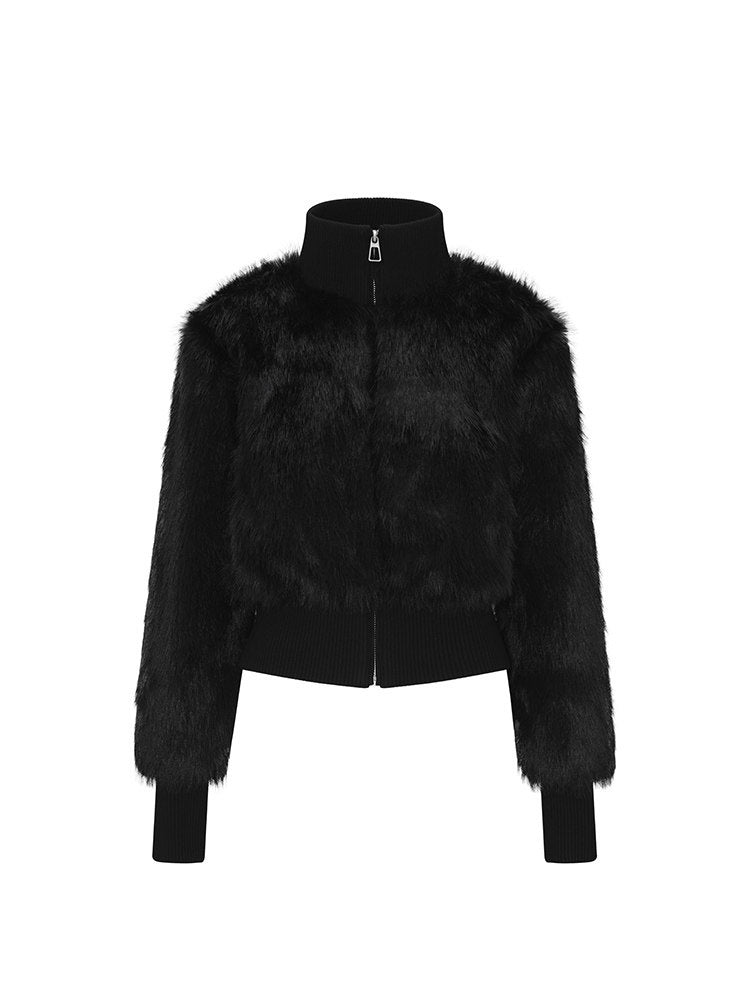 iamxiaa Black Stand Collar Zipper Set In Shoulder Women's Faux Fur Cropped Jackets 848845748631