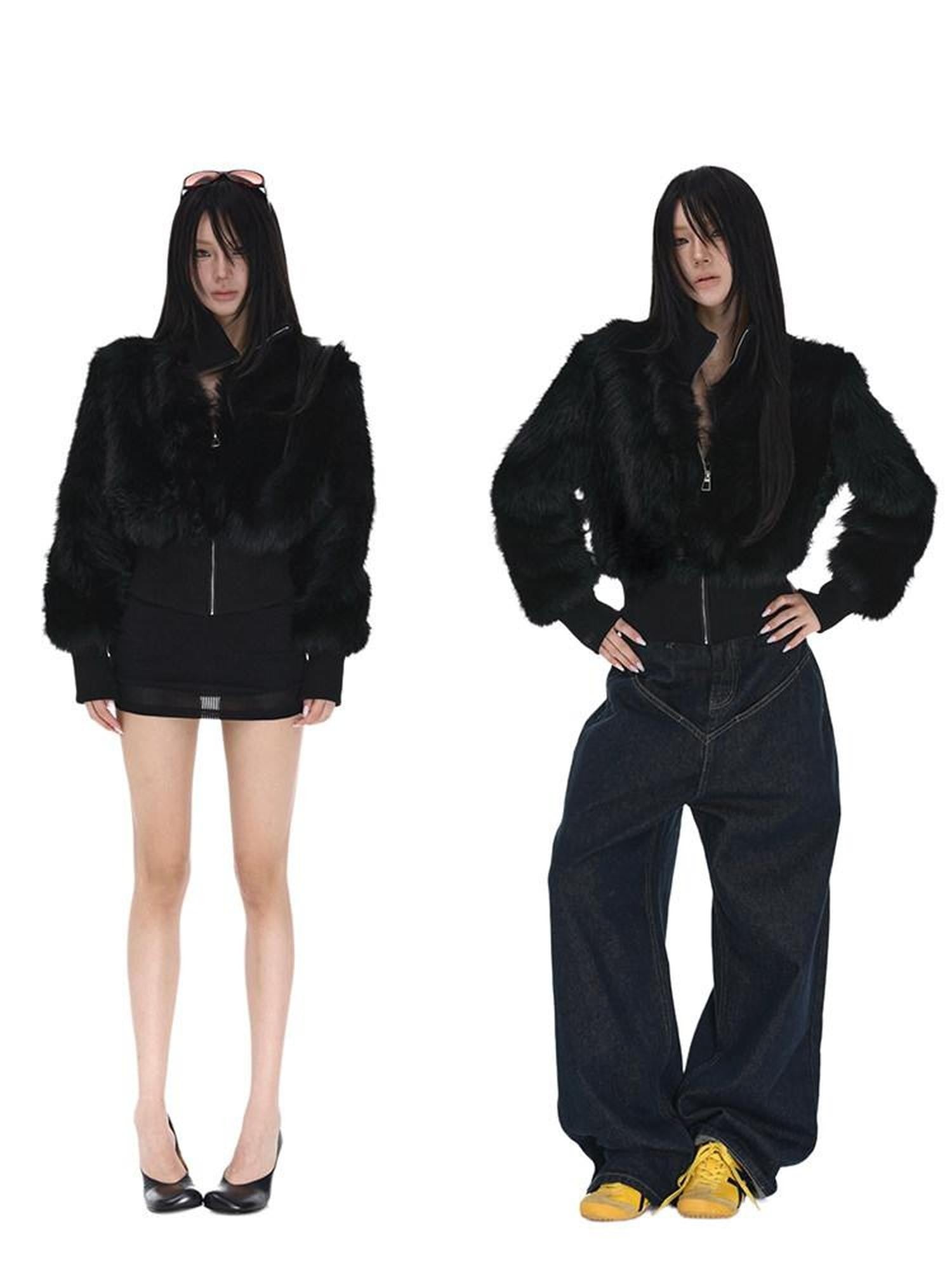 iamxiaa Black Stand Collar Zipper Set In Shoulder Women's Faux Fur Cropped Jackets