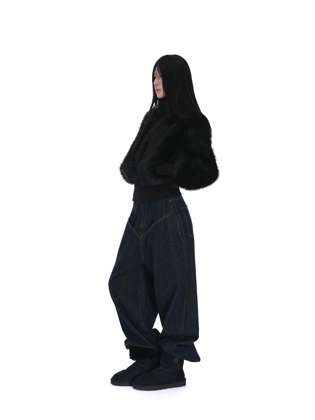 iamxiaa Black Stand Collar Zipper Set In Shoulder Women's Faux Fur Cropped Jackets
