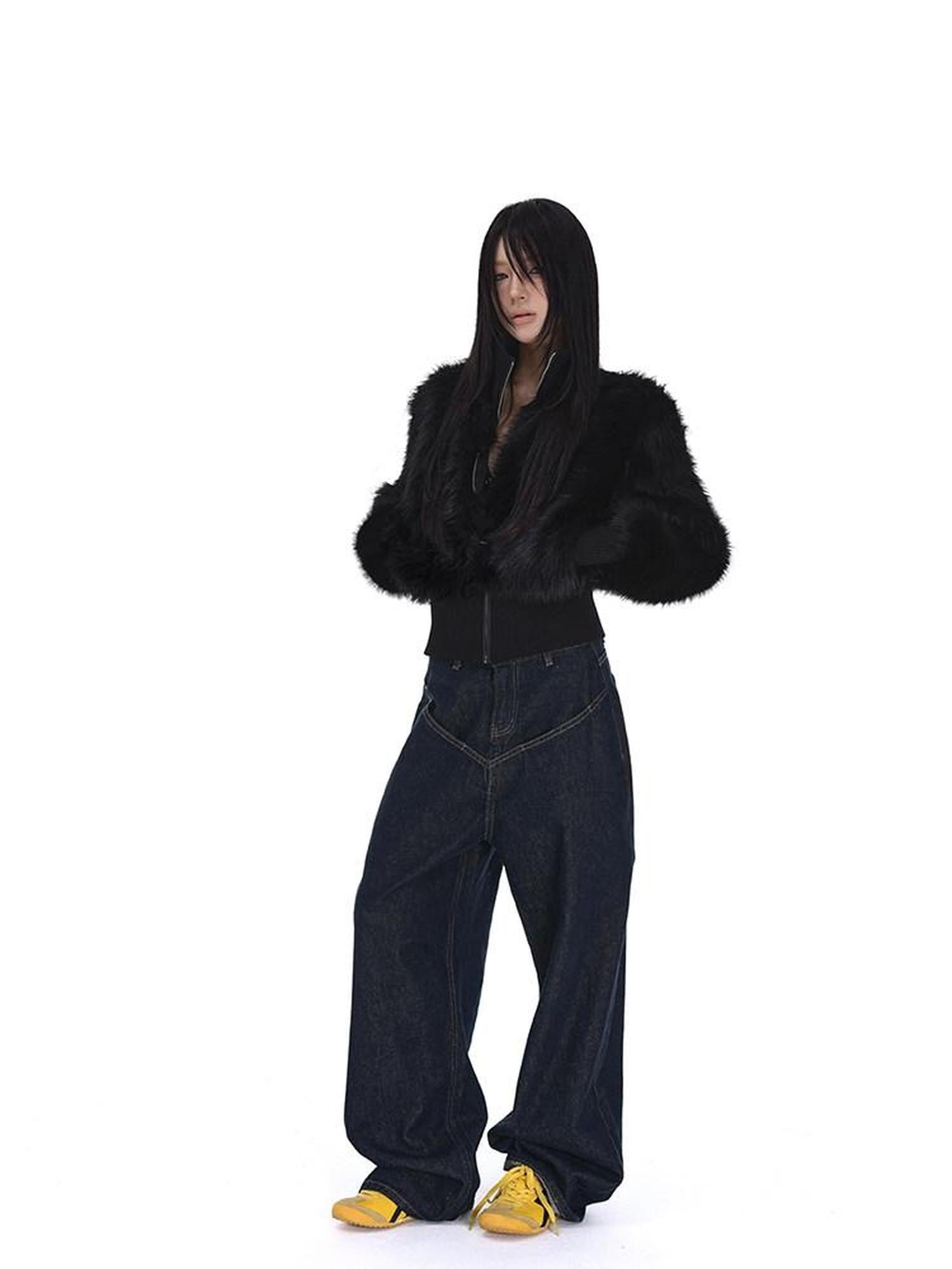 iamxiaa Black Stand Collar Zipper Set In Shoulder Women's Faux Fur Cropped Jackets