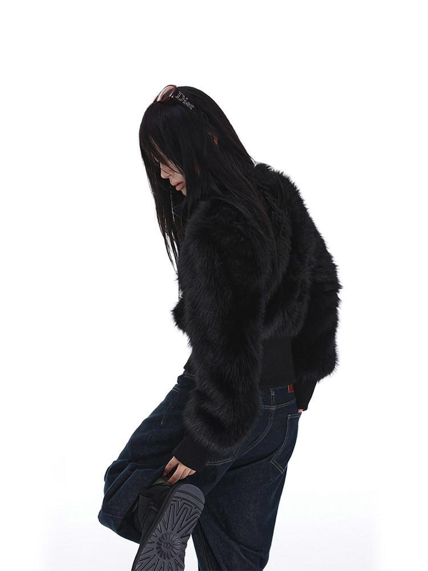 iamxiaa Black Stand Collar Zipper Set In Shoulder Women's Faux Fur Cropped Jackets