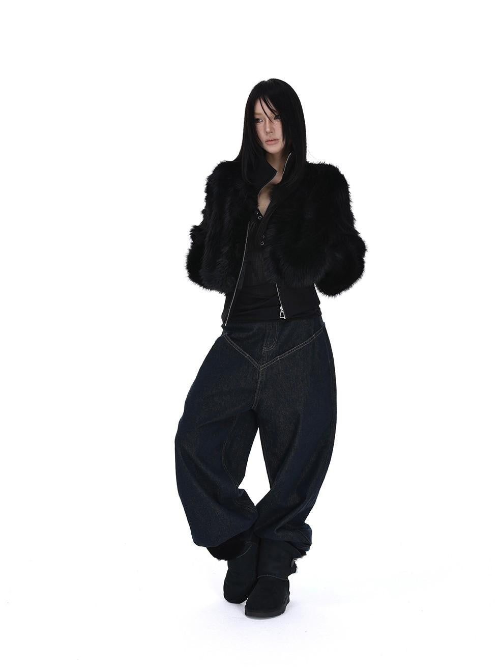 iamxiaa Black Stand Collar Zipper Set In Shoulder Women's Faux Fur Cropped Jackets