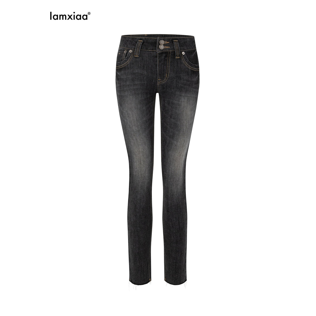 iamxiaa Black Vintage Washed Double Button Women's Cotton Stretch Denim Skinny Jeans 978041050418