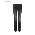 iamxiaa Black Vintage Washed Double Button Women's Cotton Stretch Denim Skinny Jeans 978041050418