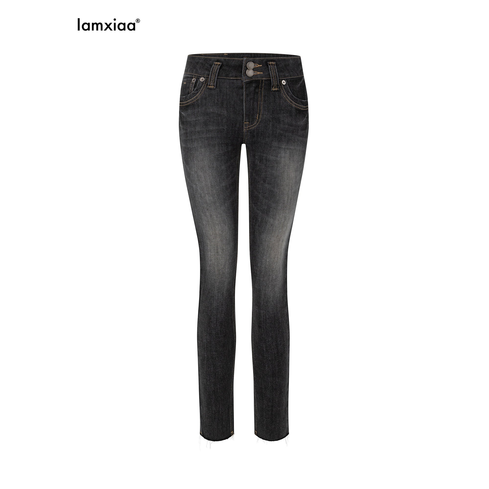 iamxiaa Black Vintage Washed Double Button Women's Cotton Stretch Denim Skinny Jeans 978041050418