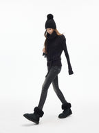 iamxiaa Black Vintage Washed Double Button Women's Cotton Stretch Denim Skinny Jeans