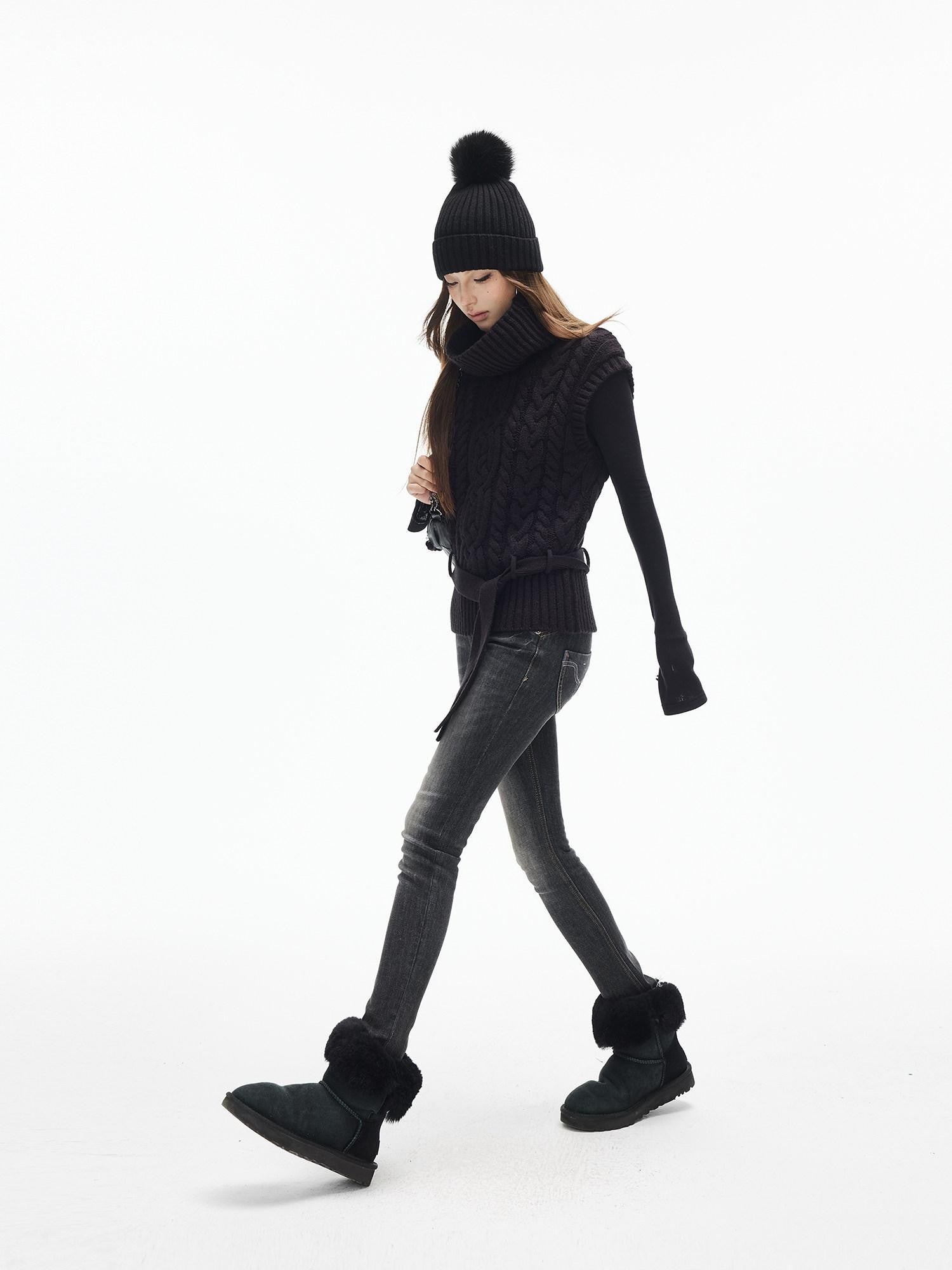 iamxiaa Black Vintage Washed Double Button Women's Cotton Stretch Denim Skinny Jeans