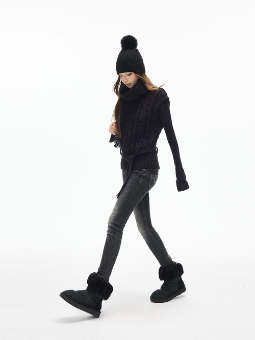 iamxiaa Black Vintage Washed Double Button Women's Cotton Stretch Denim Skinny Jeans