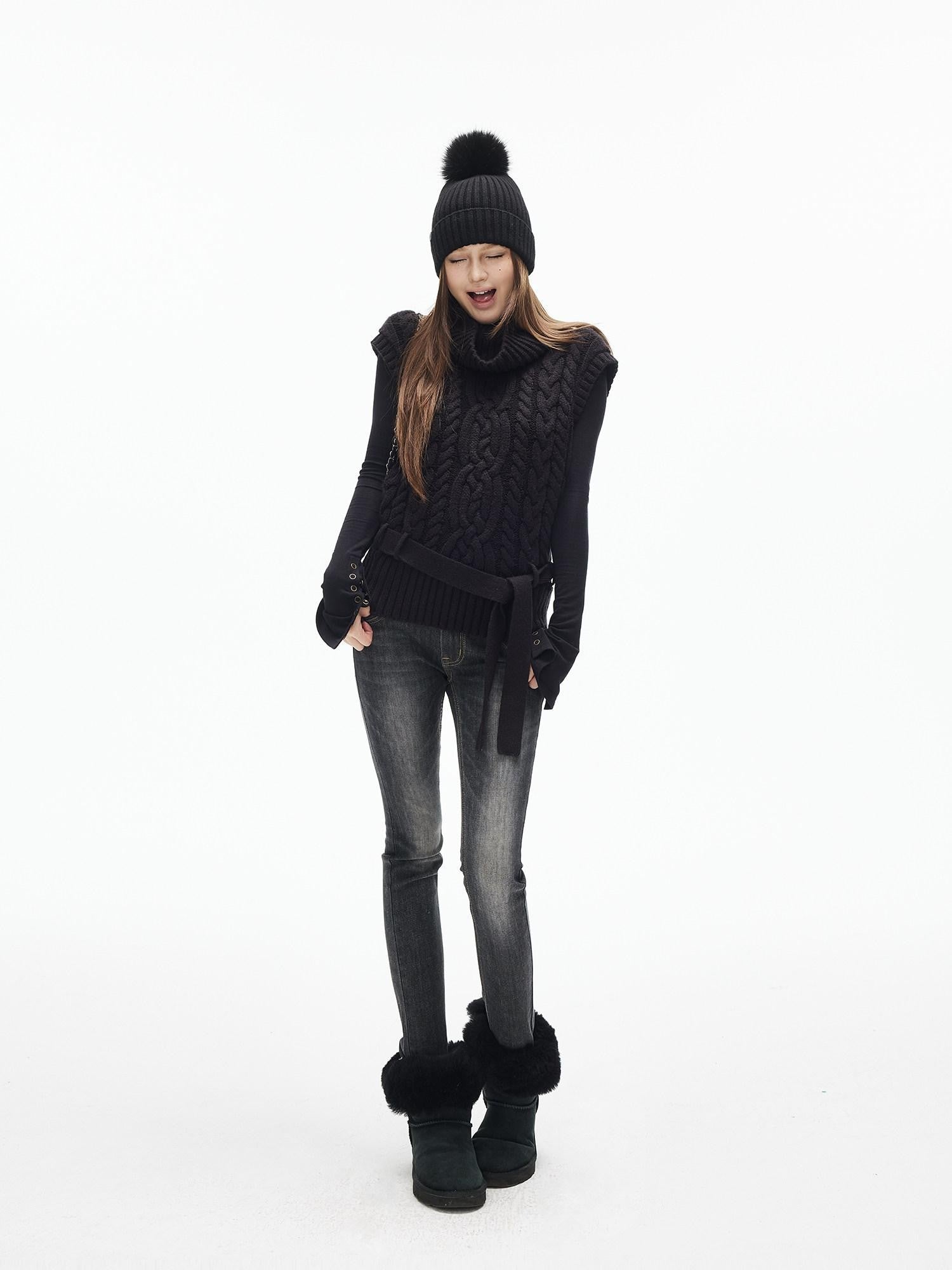 iamxiaa Black Vintage Washed Double Button Women's Cotton Stretch Denim Skinny Jeans