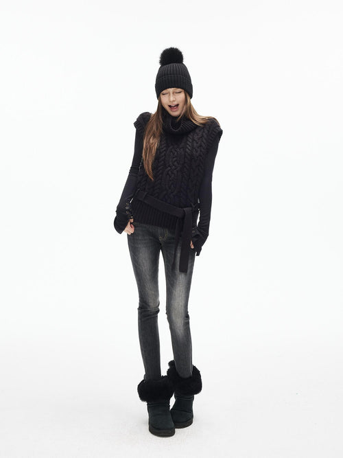iamxiaa Black Vintage Washed Double Button Women's Cotton Stretch Denim Skinny Jeans