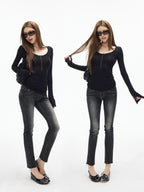 iamxiaa Black Vintage Washed Double Button Women's Cotton Stretch Denim Skinny Jeans