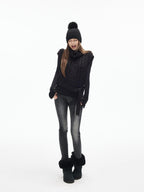 iamxiaa Black Vintage Washed Double Button Women's Cotton Stretch Denim Skinny Jeans