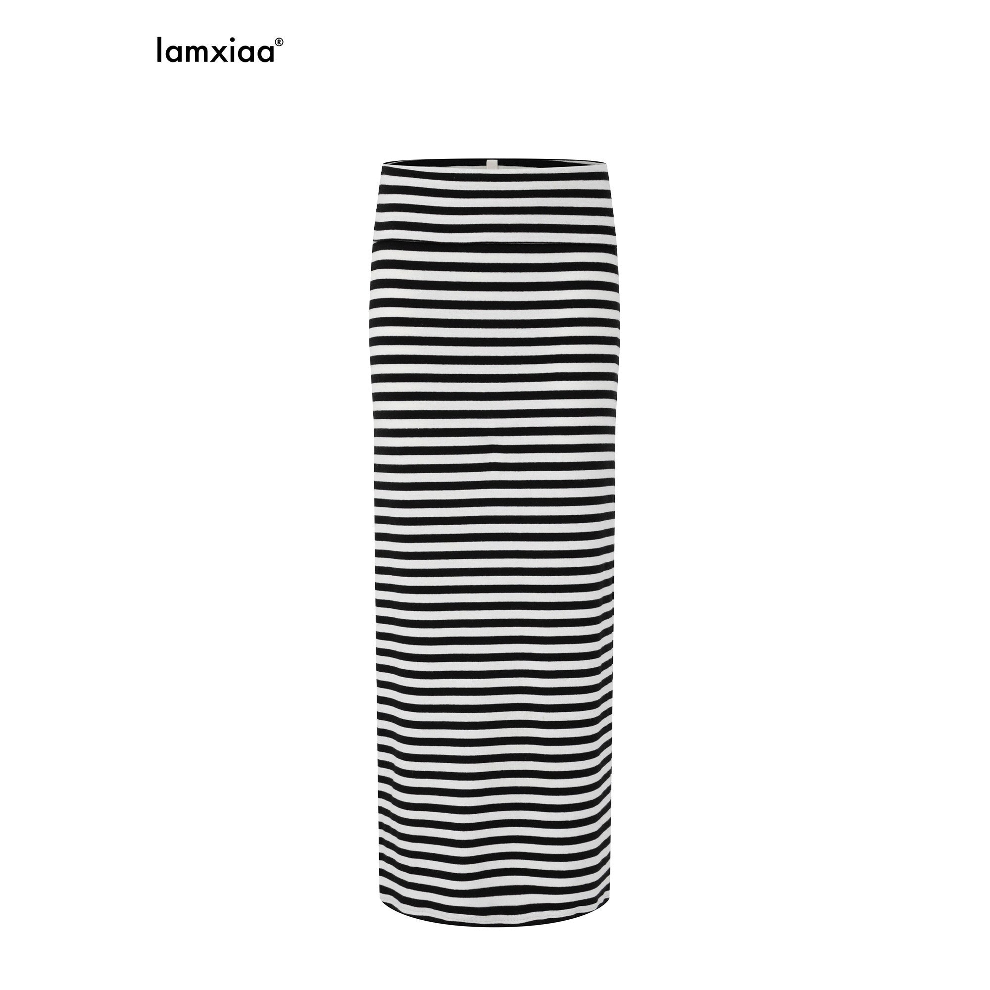 iamxiaa Black White Striped Foldover Waist Hline Women's Faux Camel Maxi Skirts 972177973195