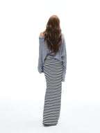 iamxiaa Black White Striped Foldover Waist Hline Women's Faux Camel Maxi Skirts